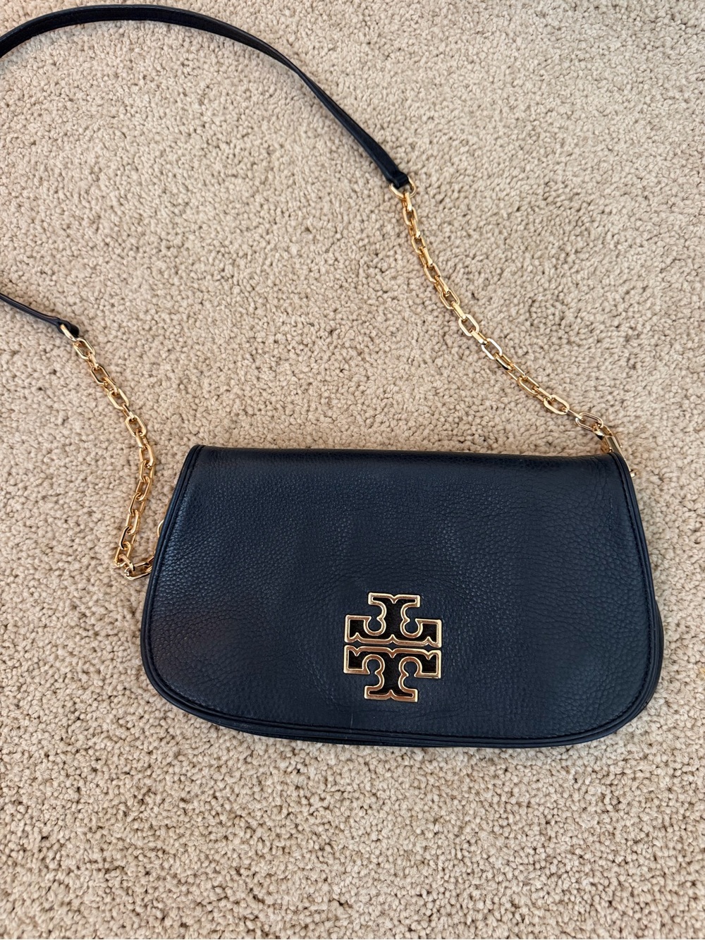 Tory Burch Black Leather Crossbody Bag with Gold Logo and Chain